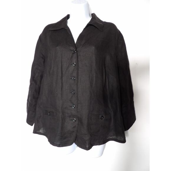 Talbots Irish Linen Blouse 12W Black Button Up Beach Lagenlook Coastal Casual - Picture 1 of 9